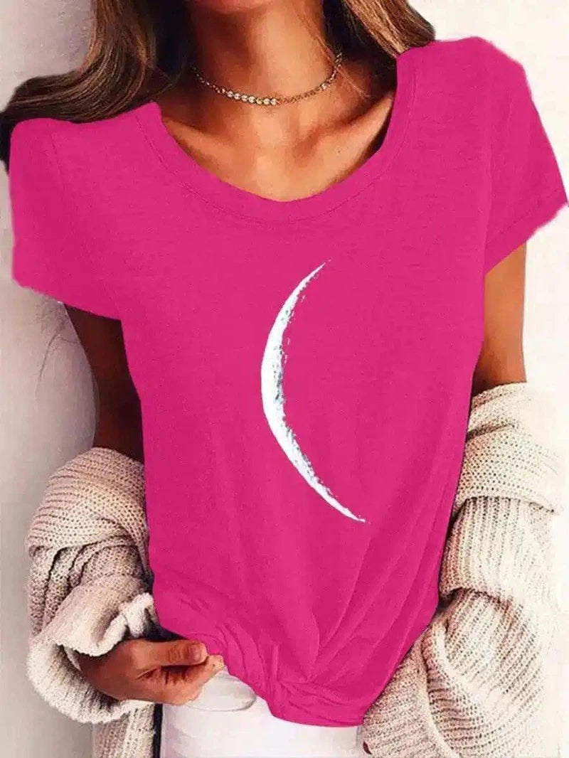 Crescent Moon Print Casual Women's Tee-Rose red-7