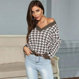 Women Long-Sleeved Houndstooth Jacquard V-Neck Base Knitted-Light Brown-1