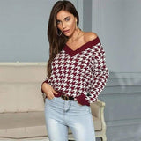 Women Long-Sleeved Houndstooth Jacquard V-Neck Base Knitted-Wine Red-2