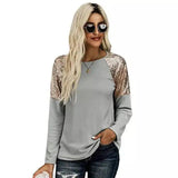 Women's Long Sleeve Sequin Shoulder Top-Grey-2