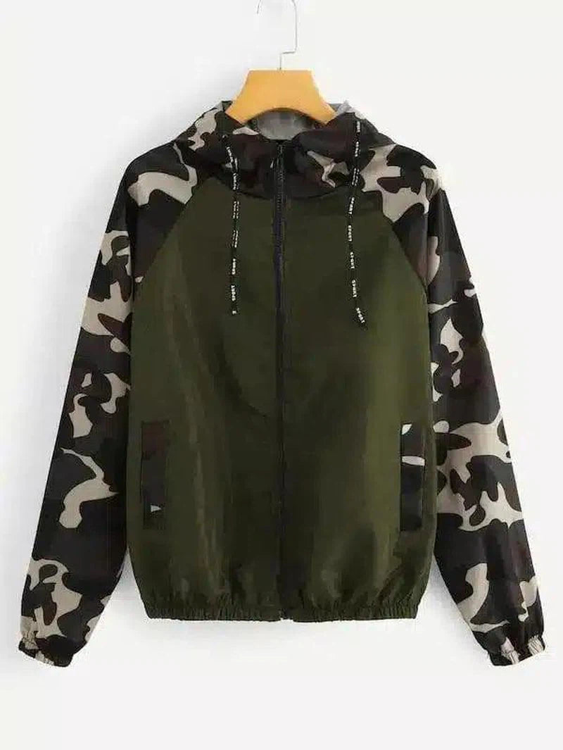 Camo Hooded Zip-Up Windbreaker Jacket-Army Green-4