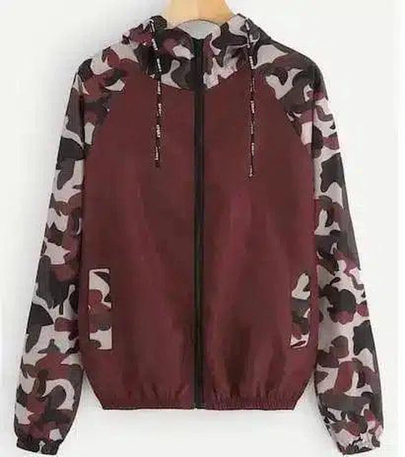 Camo Hooded Zip-Up Windbreaker Jacket-Wine red-7