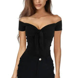 Off-Shoulder Bow Front Women's Top-Black-5