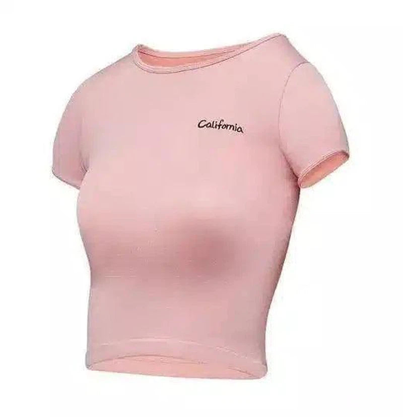 Women's Fitted Short Sleeve Crop Top-Pink-5