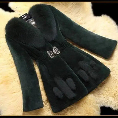 Luxurious Mid-Length Mother Coat with Fox Fur Collar-Green-7