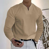 Male Fashion Casual Solid Color V-neck Long Sleeve Shirts-Khaki-15