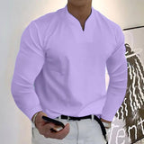 Male Fashion Casual Solid Color V-neck Long Sleeve Shirts-Light Purple-6