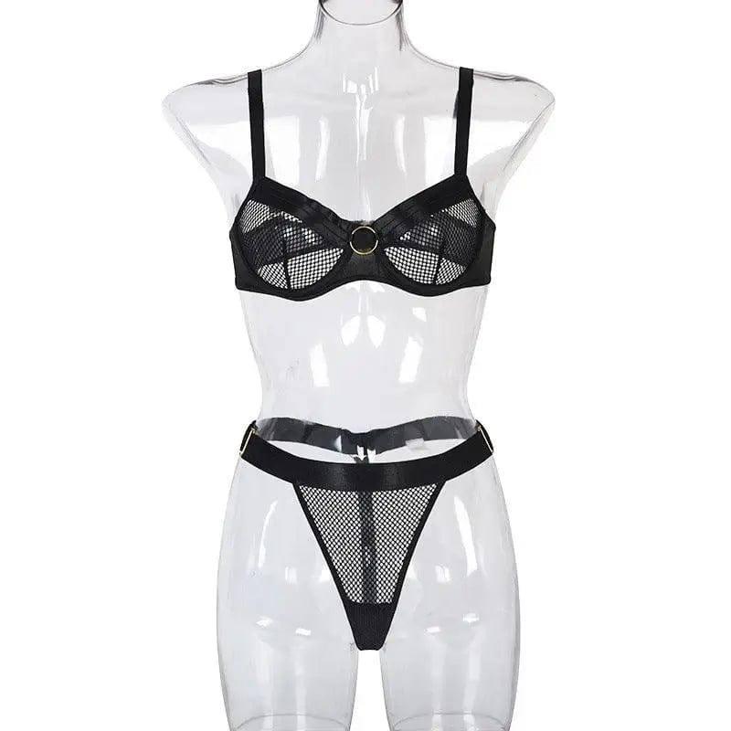 Stitching Ladies Lingerie Set-Black-2