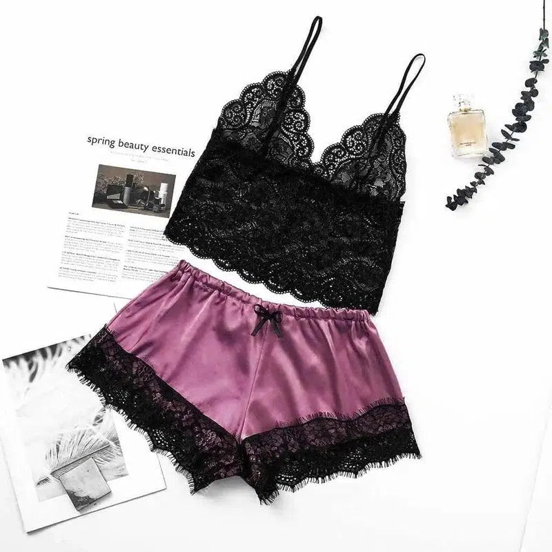 Midnight Charm Lingerie Lace Home Set-Purple-6