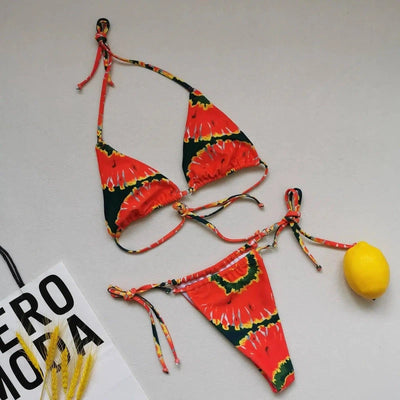 Multicolor Bikini Split Swimsuit Halter Tie-Safflower-2