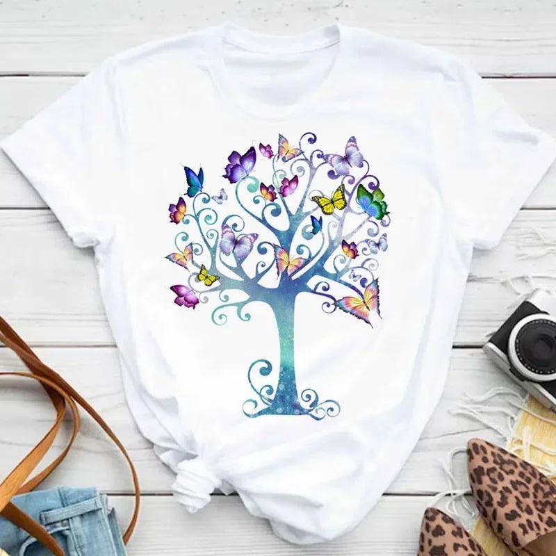 New Fashion Women T-shirt Colorful Butterfly Petal Print-19