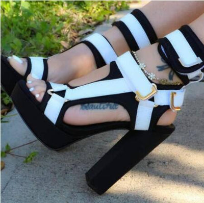 New High-Heel Platform Open-Toe Sandals 40-43 Large Size-Black and white-6