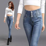 new high waist buckle stretch jeans women's Korean-Lightblue-1