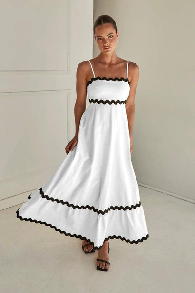 New Suspender Long Dress Summer Fashion Solid Color Wave Pattern Printed Beach Dresses For Womens Clothing-White-1