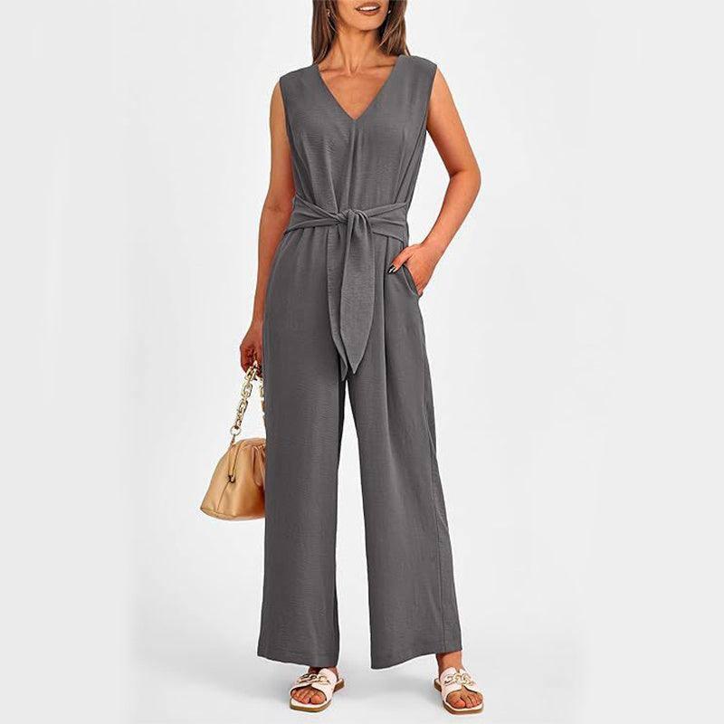 New V-neck Sleeveless Long Jumpsuit With Pockets And Lace-up-Grey-8