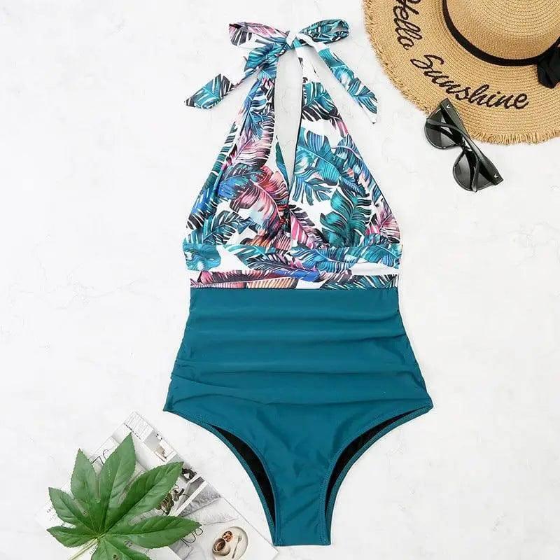 One-piece Halter Matching Belly Bikini Women-Darkgreenflower-2