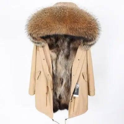 Oversized raccoon fur collar parka coat-Khaki-2