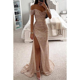 Party Sequins Off-neck Split Dress INS Casual Fashion Dress-Champagne-6