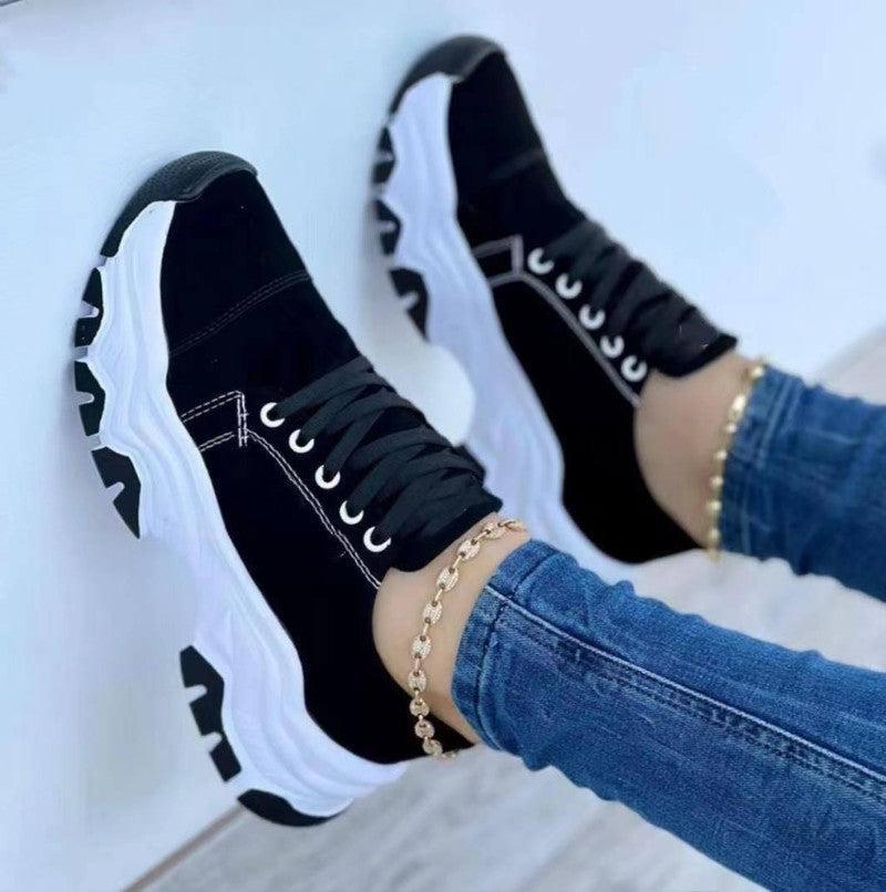 Platform Sport Flats Shoes Lace-up Sneaker Outdoor Walking Casual Shoes Women-Black-7