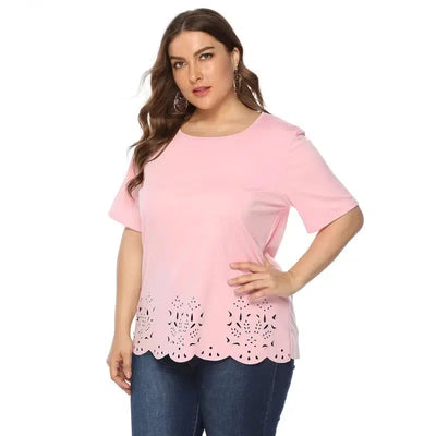 New 2021 Summer Plus Size Tops For Women Large Short Sleeve Loose Hollow Out Pink O-neck T-shirt 3XL 4XL 5XL 6XL-4