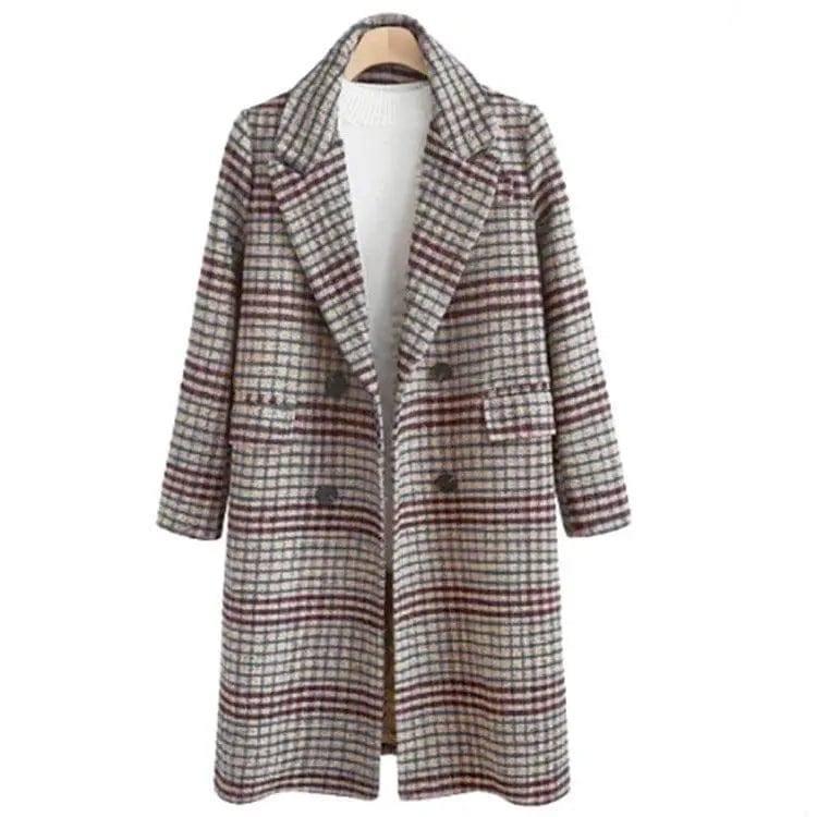 Plus Size Women's Plaid Long Sleeve Lapel Coat-Grey-2