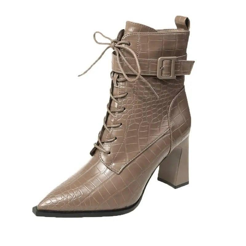 Pointed-toe Boots Winter Alligator Pattern Lace-up Shoes-Grey-8