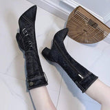 Pointed Toe Thick Heel Denim High Boots For Women-4