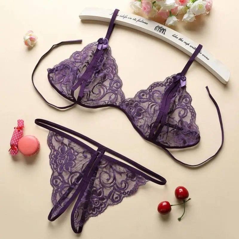 Porn Women Lace Tulle Lingerie Set-Purple-3