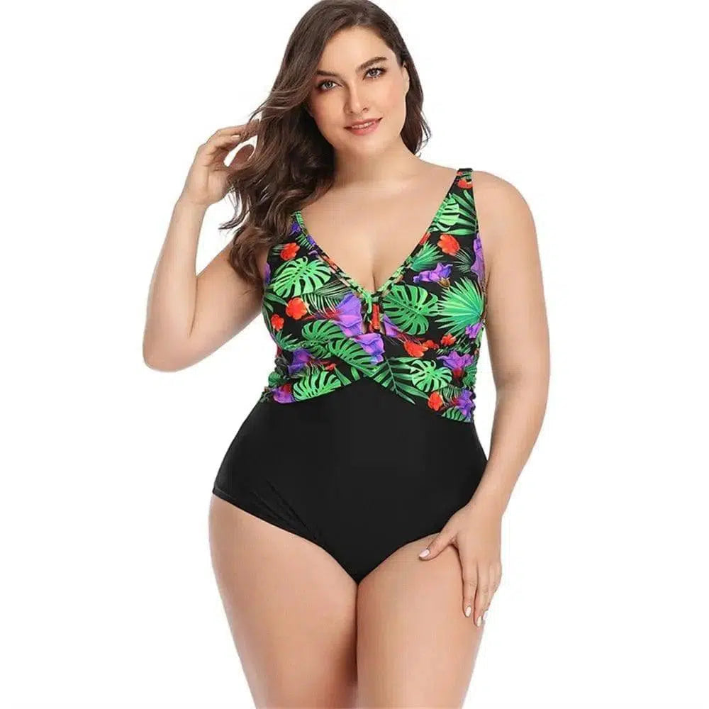 Print one-piece suit with a cross over chest-Black-1