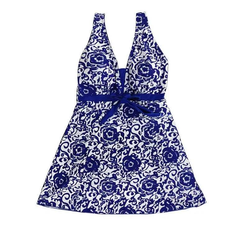 Print plus-size skirt split swimsuit-Blue-4