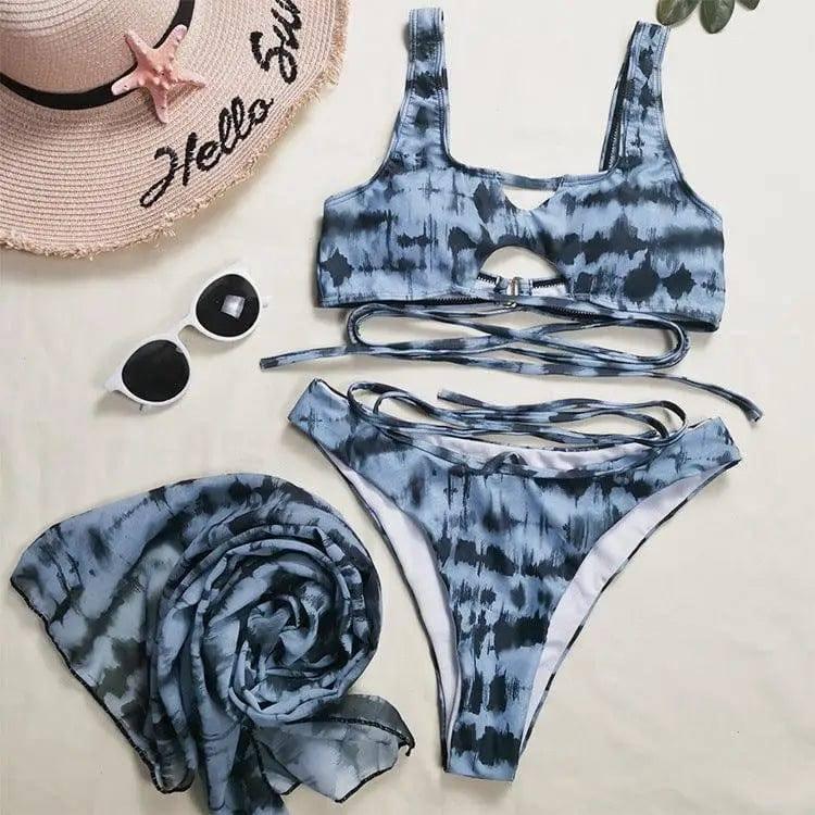 Printed Cross-Tie Chiffon Three-Piece Split Bikini-NavyBlue-2