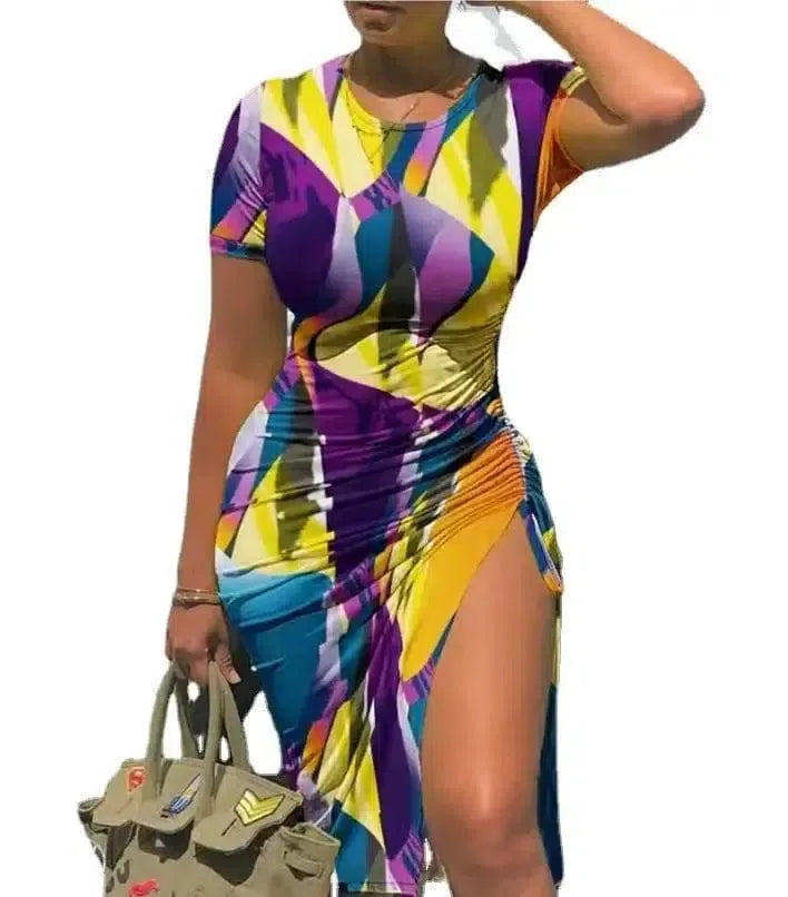 Printed Solid Color Short Sleeve Drawstring Dress-Style2-6