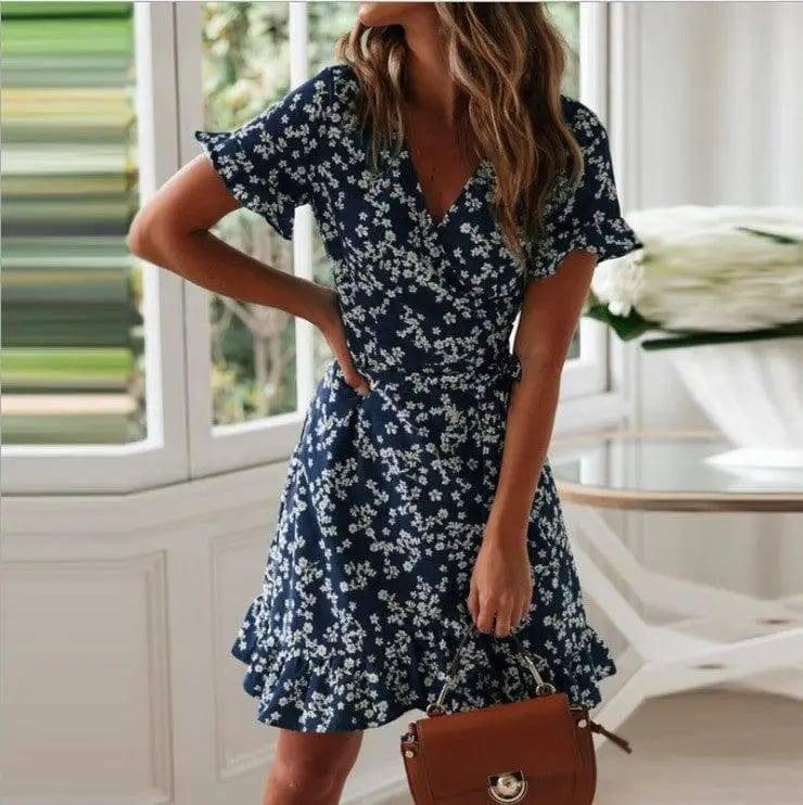 Printed V-Neck Tie High Waist Chiffon Floral Dress-3