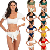 Puff Sleeve One-Line Neck Swimsuit High Waist Tie Bikini-1