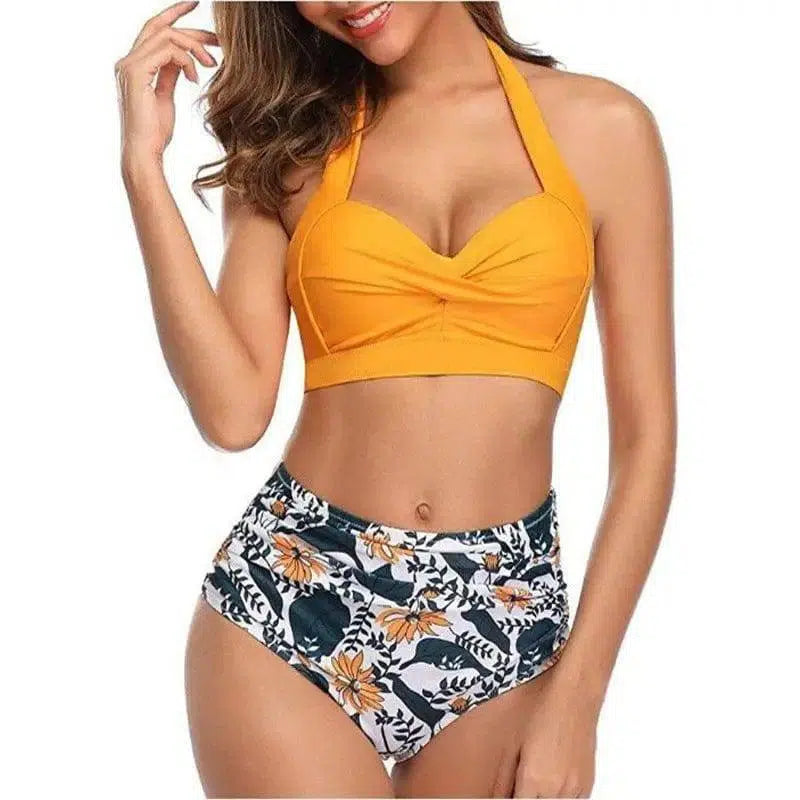 Retro gathered bikini-Yellow-2