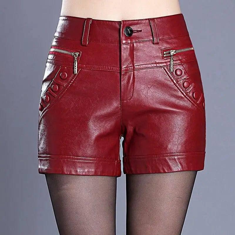 Retro high waist slim slim straight casual pu leather shorts-BH1907red-10