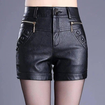 Retro high waist slim slim straight casual pu leather shorts-BH1907black-13