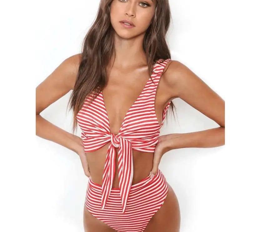 Retro high waist striped bikini deep V sexy European and-Red-2