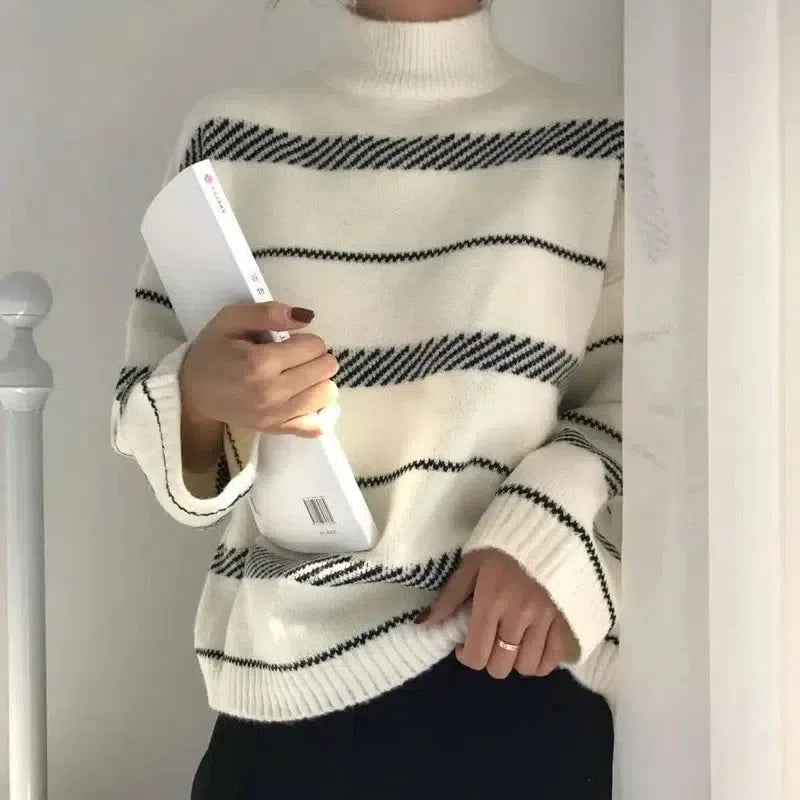 Retro sweater turtleneck striped sweater-6