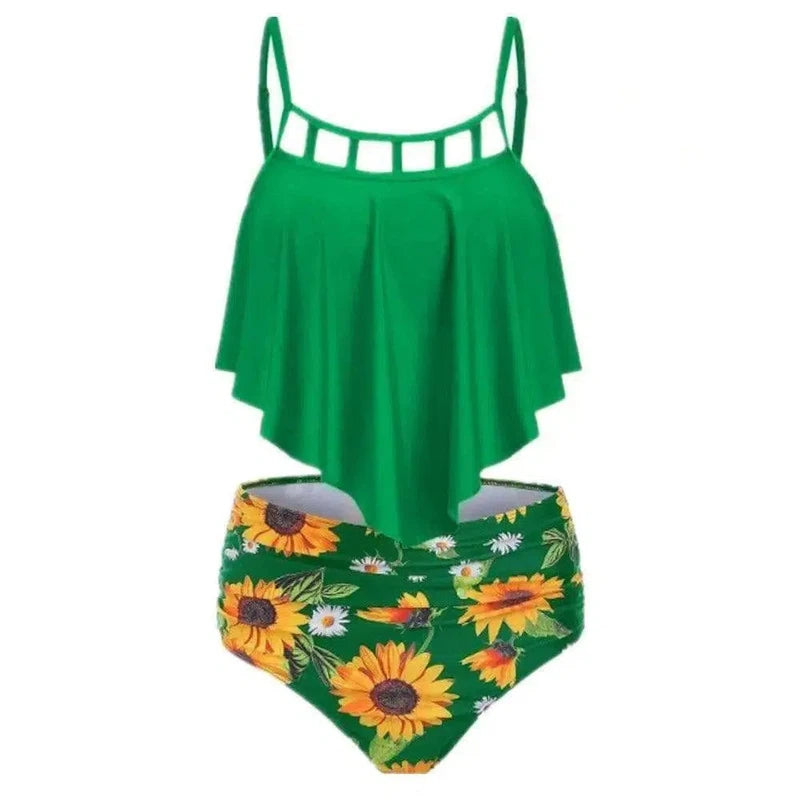 Ruffled Sunflower-print High-rise Bikini European-Green-3