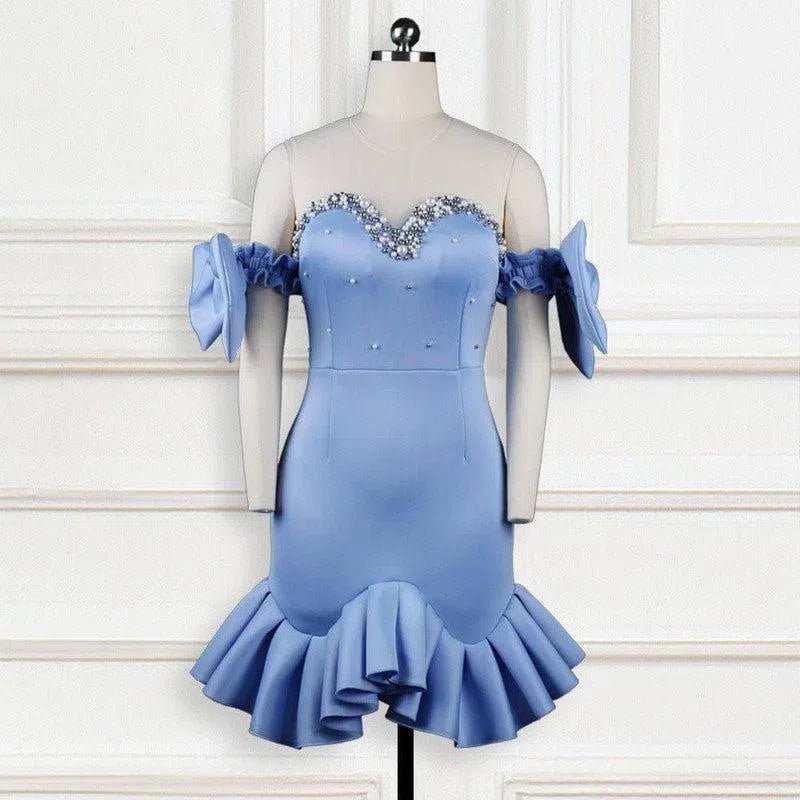 See-Through And Beaded Ruffles Women's Dress-Blue-7