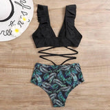 Sexy Bikini Print High Waist Split Swimsuit Lady Lotus Leaf-Green-2