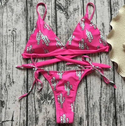 Cactus Print Bikini Brazilian Bikini Cheeky Bikini Set-RoseRed-2