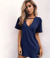 deep V short-sleeved T-shirt loose casual dress-darkblue-65