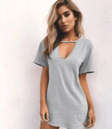 deep V short-sleeved T-shirt loose casual dress-gray-88