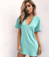 deep V short-sleeved T-shirt loose casual dress-Lightgreen-39