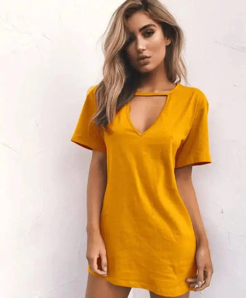 deep V short-sleeved T-shirt loose casual dress-yellow-31