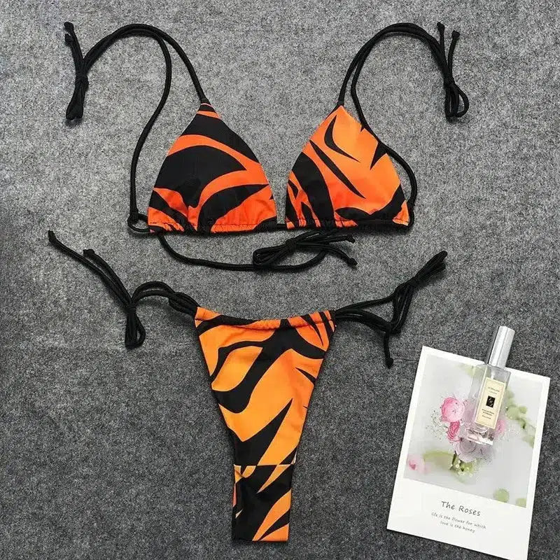 flame print strappy bikini-Orange-4