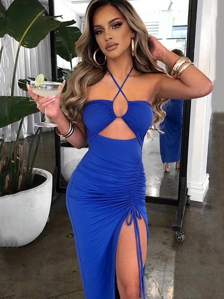 Halter Backless Maxi Dress - Elegant Club Party Wear-blue-4