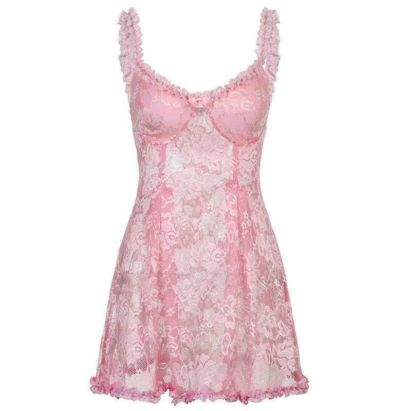 Sexy lace perspective lace camisole dress with V-neck,-pink-1